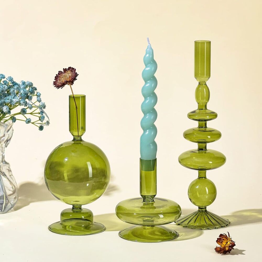 Rtteri 3 Pcs Glass Candlestick Holders Groovy Wavy Elegant Taper Decor (Green) - Picture 4 of 4